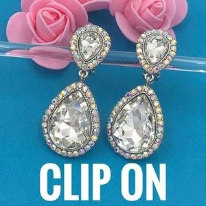 Large Rhinestone Clip On Dangle Earrings